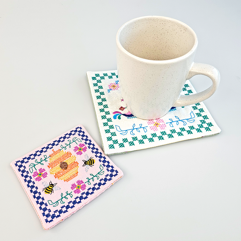 Cross Stitch Placemat and Coaster Set ITH styled 1