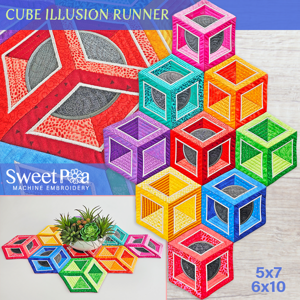 Cube Illusion Runner 5x7 6x10 Modern quilt embroidery designs. - Sweet Pea Machine Embroidery In the hoop machine embroidery designs. in the hoop project, in the hoop embroidery designs, craft in the hoop project, diy in the hoop project, diy craft in the hoop project, in the hoop embroidery patterns, design in the hoop patterns, embroidery designs for in the hoop embroidery projects, best in the hoop machine embroidery designs perfect for all hoops and embroidery machines