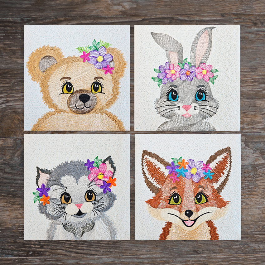 Cute Embroidered Animals with Flowers Set