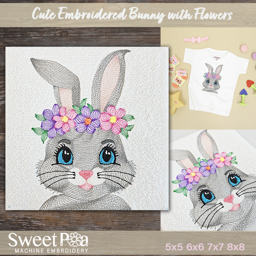 Cute Embroidered Bunny With Flowers