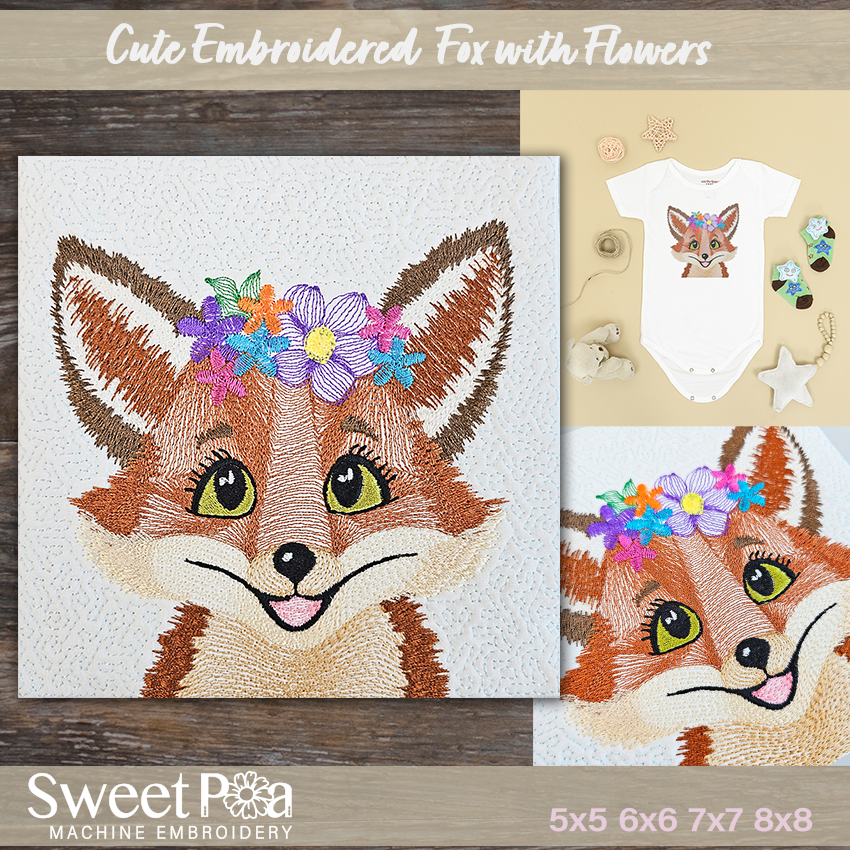 Cute Embroidered Fox and Flowers Embroidery Design