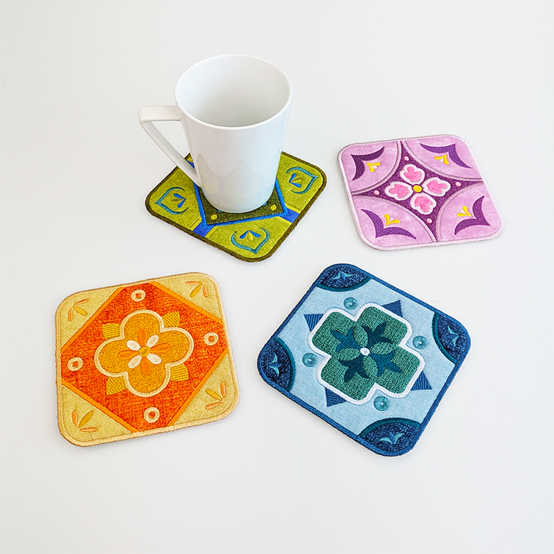Decorative Tile Coasters In The Hoop Design