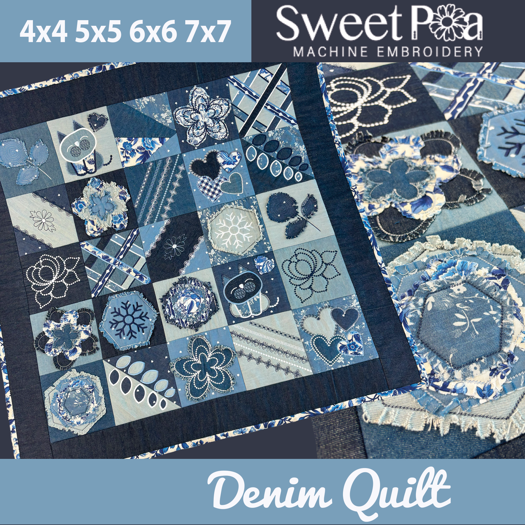 Denim quilt in the hoop 4x4 5x5 6x6 7x7