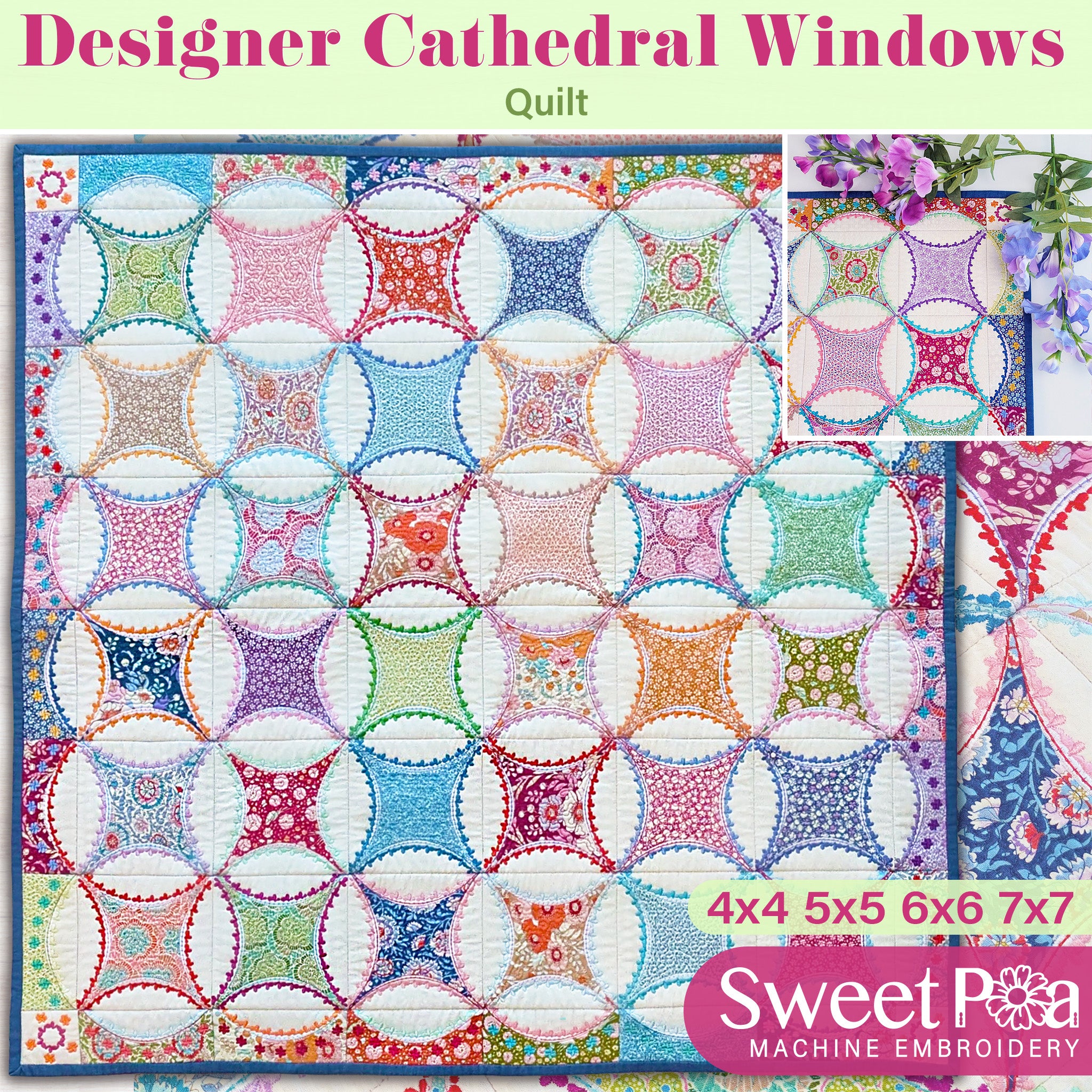 Designer Cathedral Windows Quilt In the hoop machine embroidery designs
