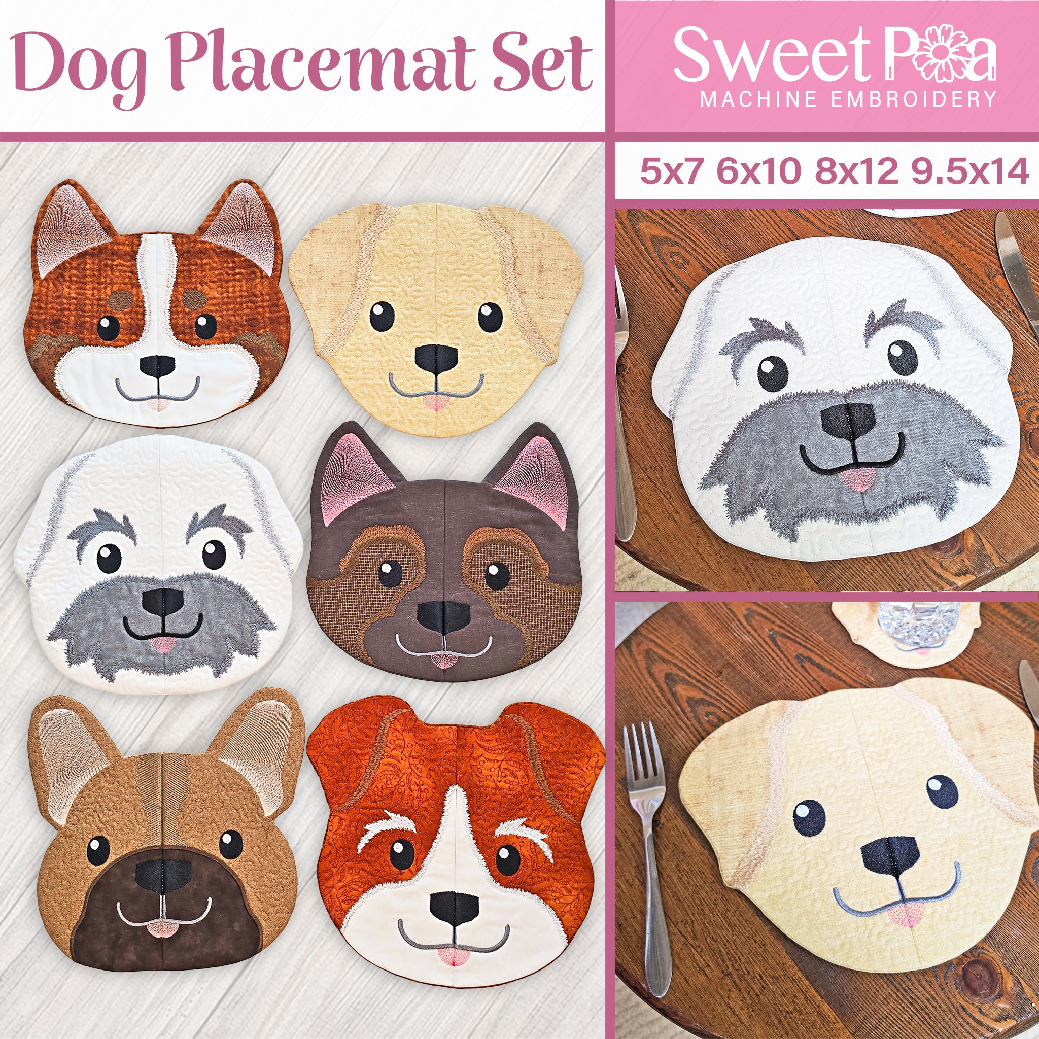 Dog Placemats In the hoop machine embroidery designs