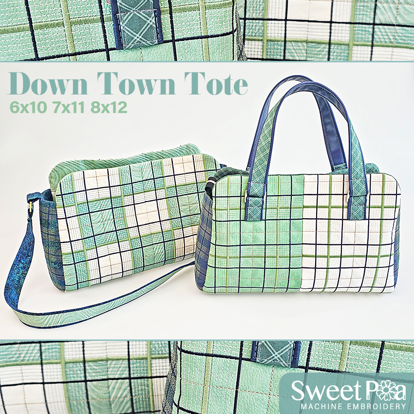 down town tote bag, machine embroidery design, vintage tote, custom design, embroidery, in the hoop, sweet pea machine embroidery designs
