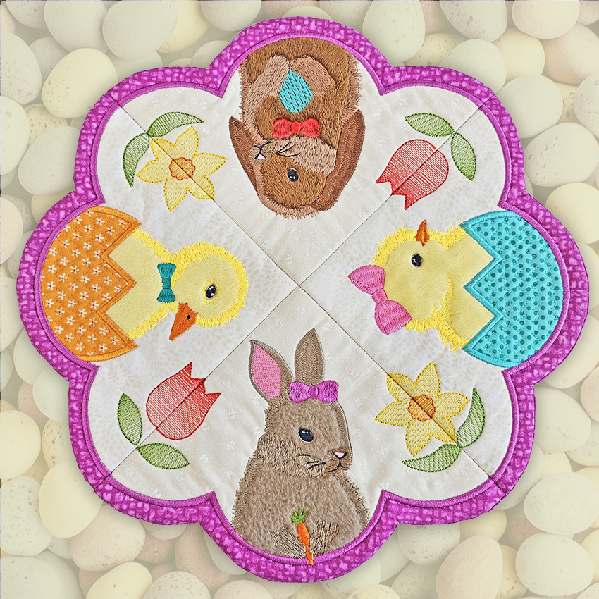 Easter animals, table centre, centrepiece, in the hoop, machine embroidery, rabbits, chicks, eggs