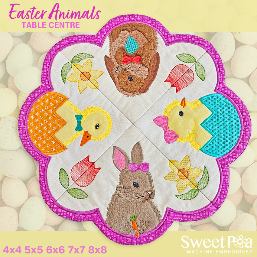 Easter animals, table centre, centrepiece, in the hoop, machine embroidery, rabbits, chicks, eggs