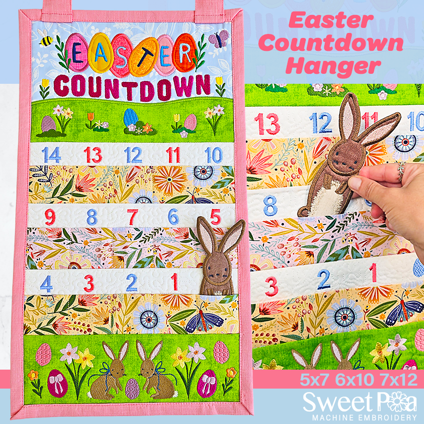 Easter countdown hanger with colorful design and bunny illustration by Sweet Pea Machine Embroidery 