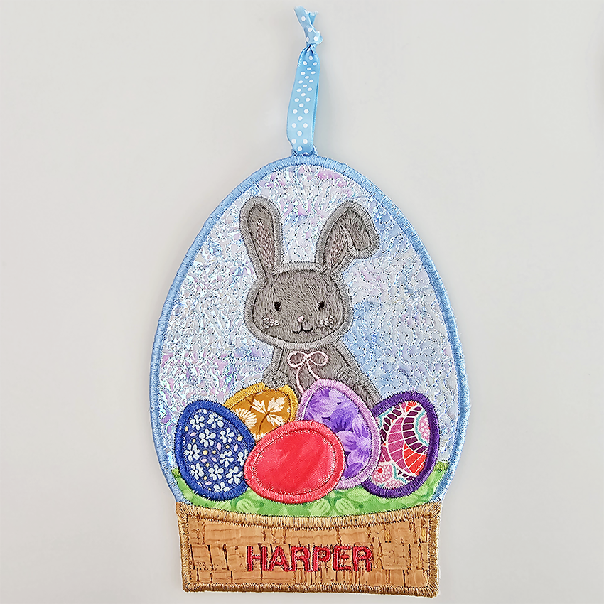 easter egg globe, decoration, fabric, pvc, in the hoop, machine embroidery, bunny, eggs, snow, happy easter