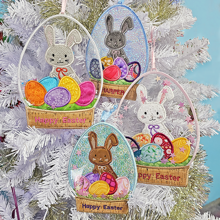 easter egg globe, decoration, fabric, pvc, in the hoop, machine embroidery, bunny, eggs, snow, happy easter