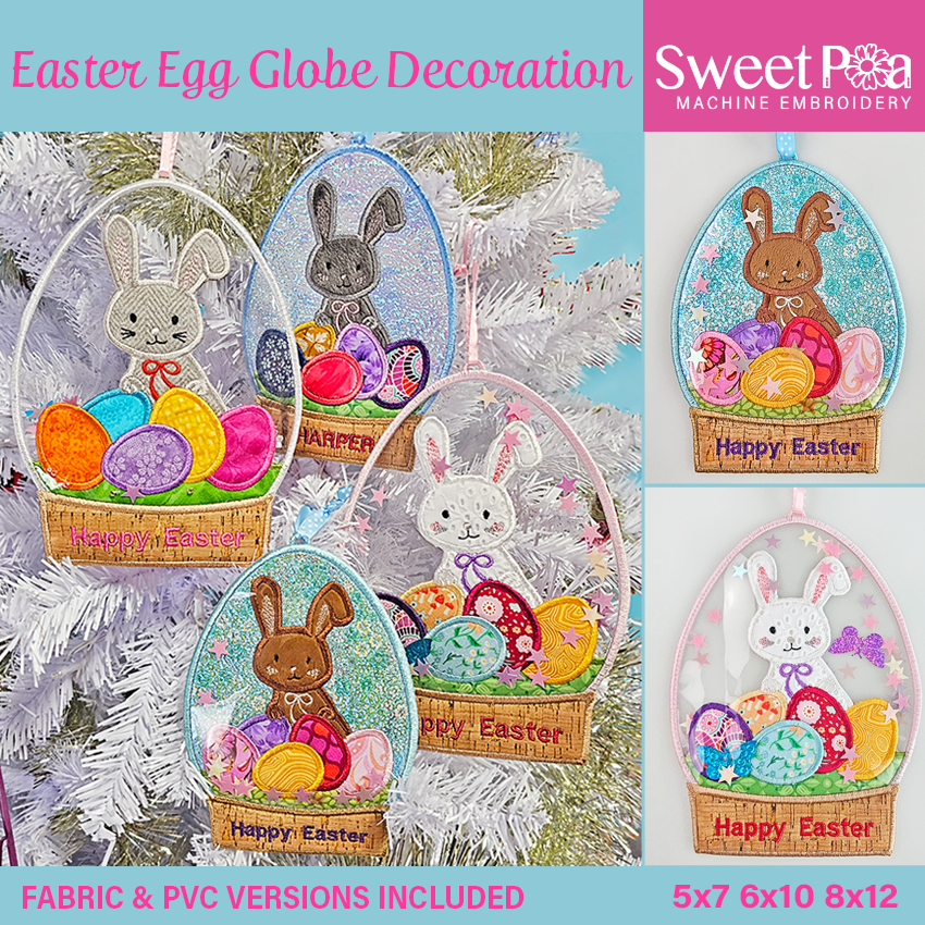 easter egg globe, decoration, fabric, pvc, in the hoop, machine embroidery, bunny, eggs, snow, happy easter