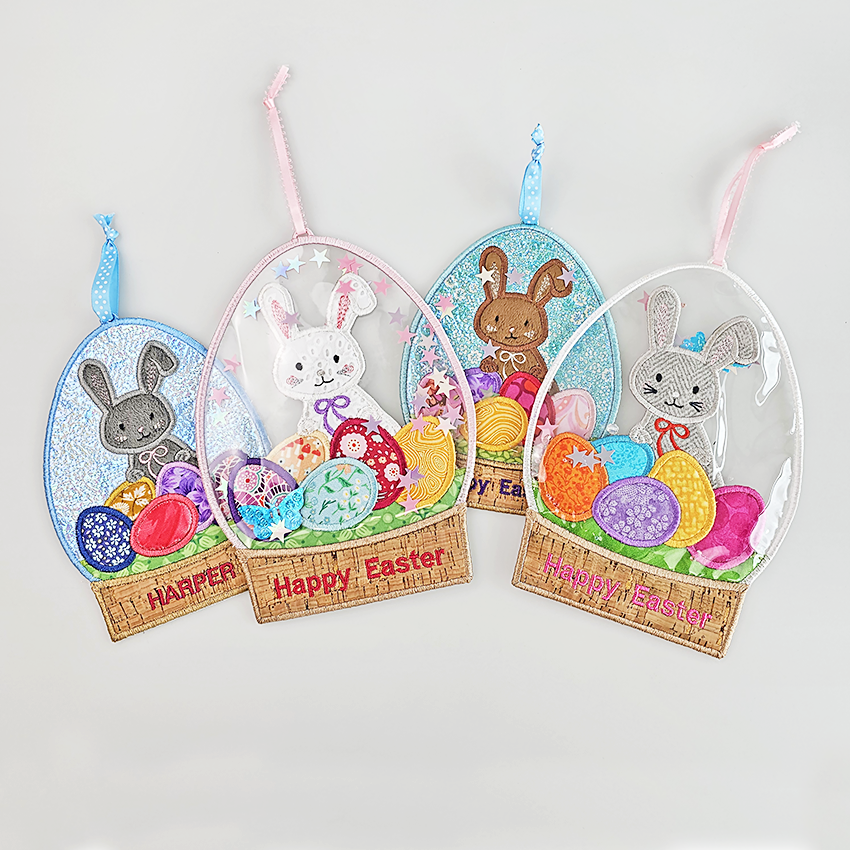 easter egg globe, decoration, fabric, pvc, in the hoop, machine embroidery, bunny, eggs, snow, happy easter