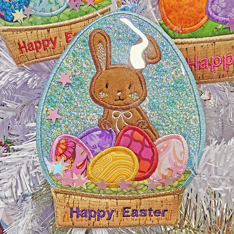 easter egg globe, decoration, fabric, pvc, in the hoop, machine embroidery, bunny, eggs, snow, happy easter