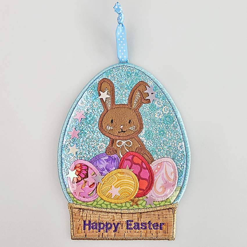 easter egg globe, decoration, fabric, pvc, in the hoop, machine embroidery, bunny, eggs, snow, happy easter