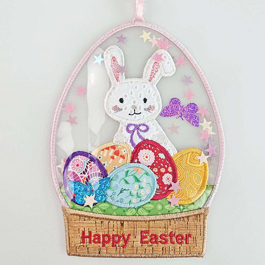 easter egg globe, decoration, fabric, pvc, in the hoop, machine embroidery, bunny, eggs, snow, happy easter