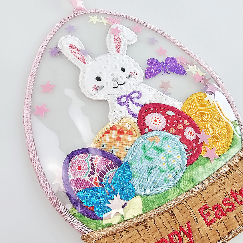 easter egg globe, decoration, fabric, pvc, in the hoop, machine embroidery, bunny, eggs, snow, happy easter