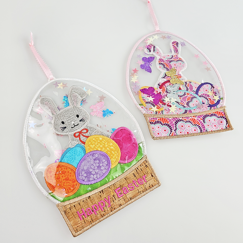 easter egg globe, decoration, fabric, pvc, in the hoop, machine embroidery, bunny, eggs, snow, happy easter