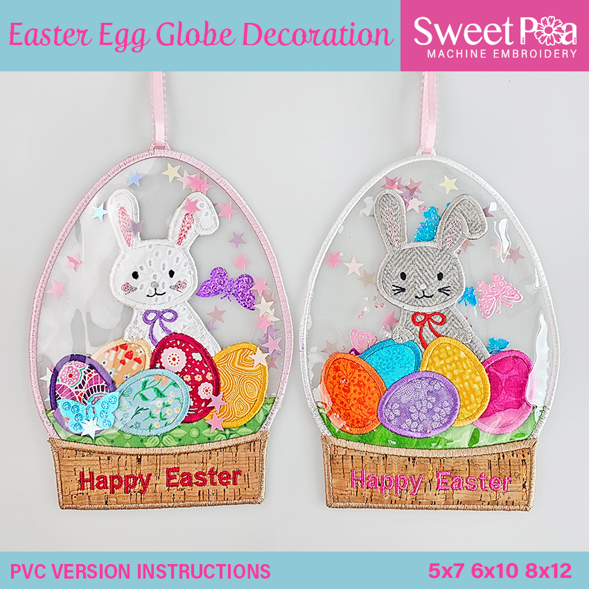 easter egg globe, decoration, fabric, pvc, in the hoop, machine embroidery, bunny, eggs, snow, happy easter