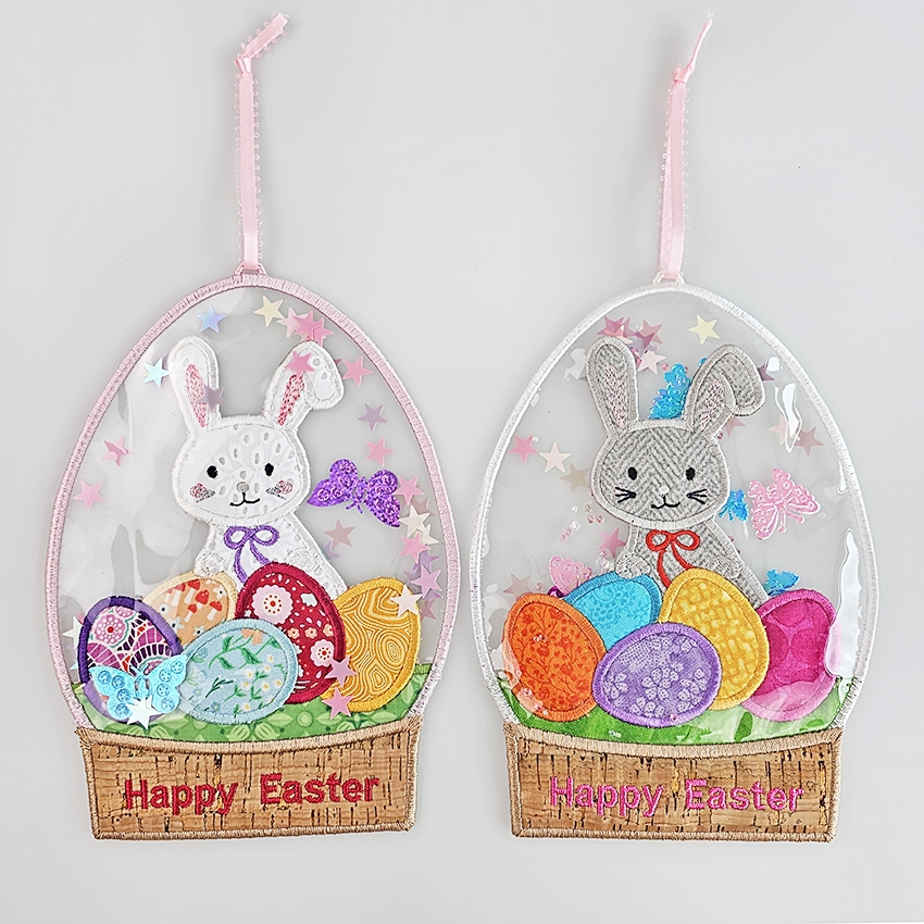 easter egg globe, decoration, fabric, pvc, in the hoop, machine embroidery, bunny, eggs, snow, happy easter