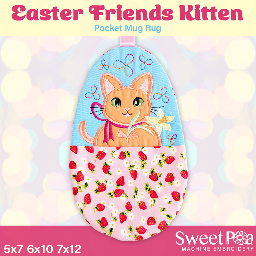 Easter Friends Kitten Pocket Mug Rug In the hoop machine embroidery designs