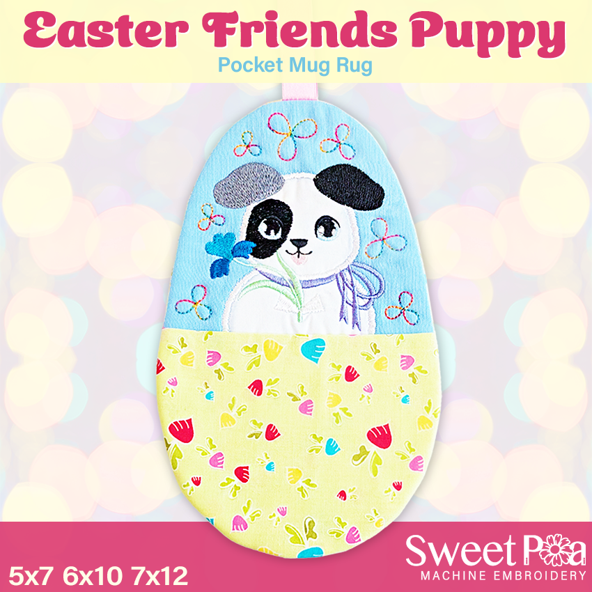 Easter Friends Puppy Pocket Mug Rug In the hoop machine embroidery designs