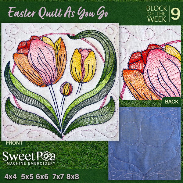 BOW Easter Quilt As You Go - Block 9 - Sweet Pea In The Hoop Machine Embroidery Design
