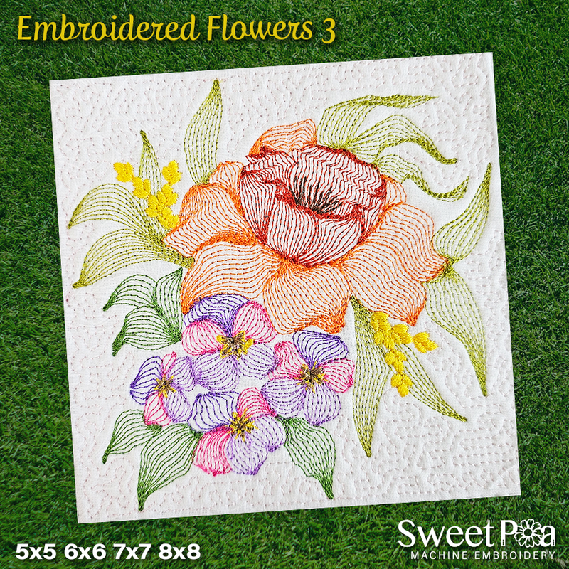 Embroidered Flowers 3 5x5 6x6 7x7 8x8 - Sweet Pea In The Hoop Machine Embroidery Design