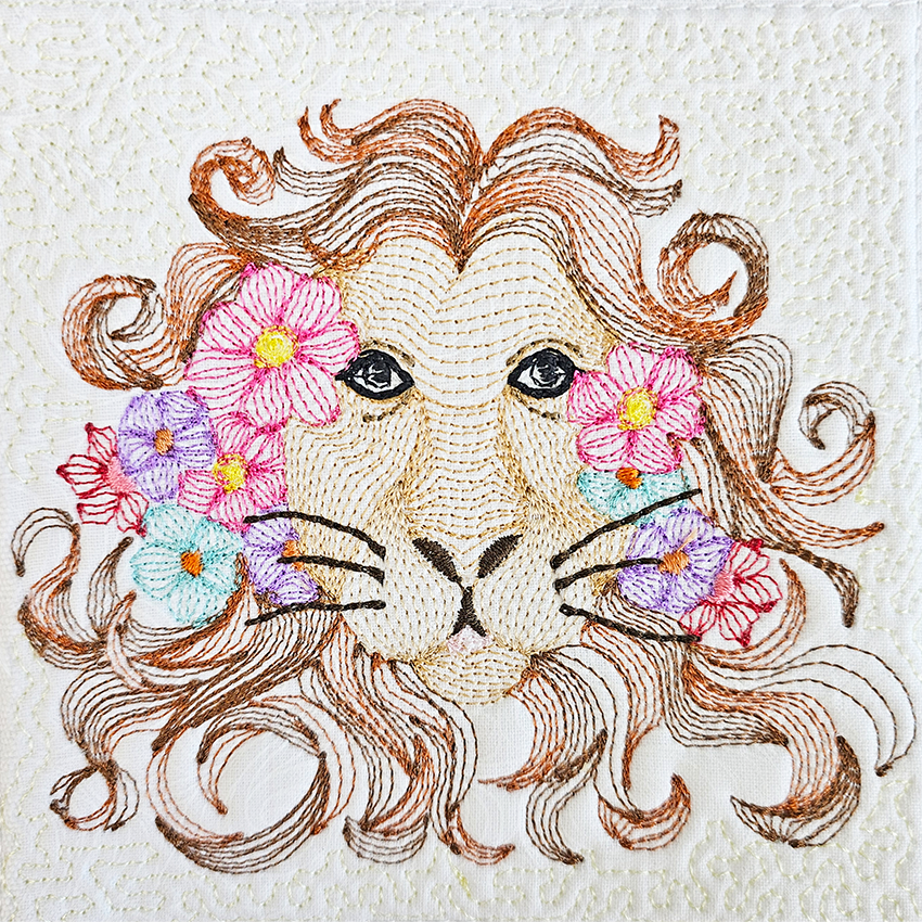 Embroidered Lion with Flowers 5x5 6x6 7x7 8x8