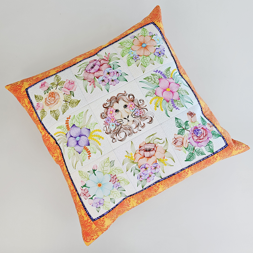 Embroidered Flowers and Lion Cushion Set 5x5 6x6 7x7 8x8