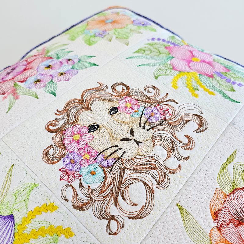 Embroidered Flowers and Lion Cushion Set 5x5 6x6 7x7 8x8 - Sweet Pea In The Hoop Machine Embroidery Design