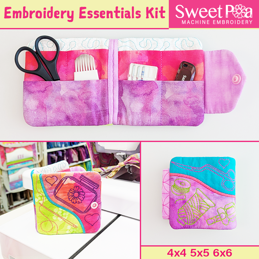 Embroidery Essentials Kit with scissors, thread, and other tools, ith design by sweet pea