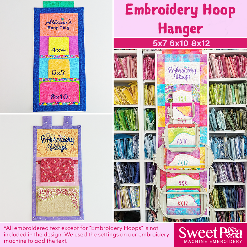 Embroidery hoop hanger with colorful design and text, ith design by sweet pea