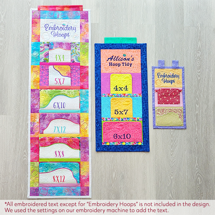 Colorful embroidery hoop organizer with various sizes on a wooden surface