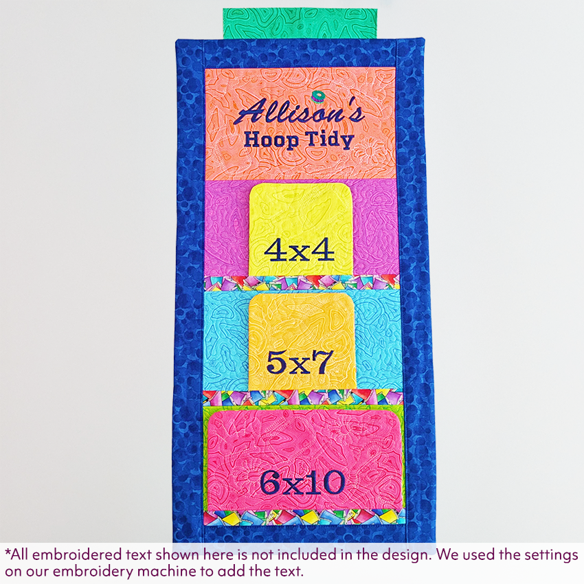 Colorful 'Allison's Hoop Tidy' with embroidery hoop sizes displayed on a white background
