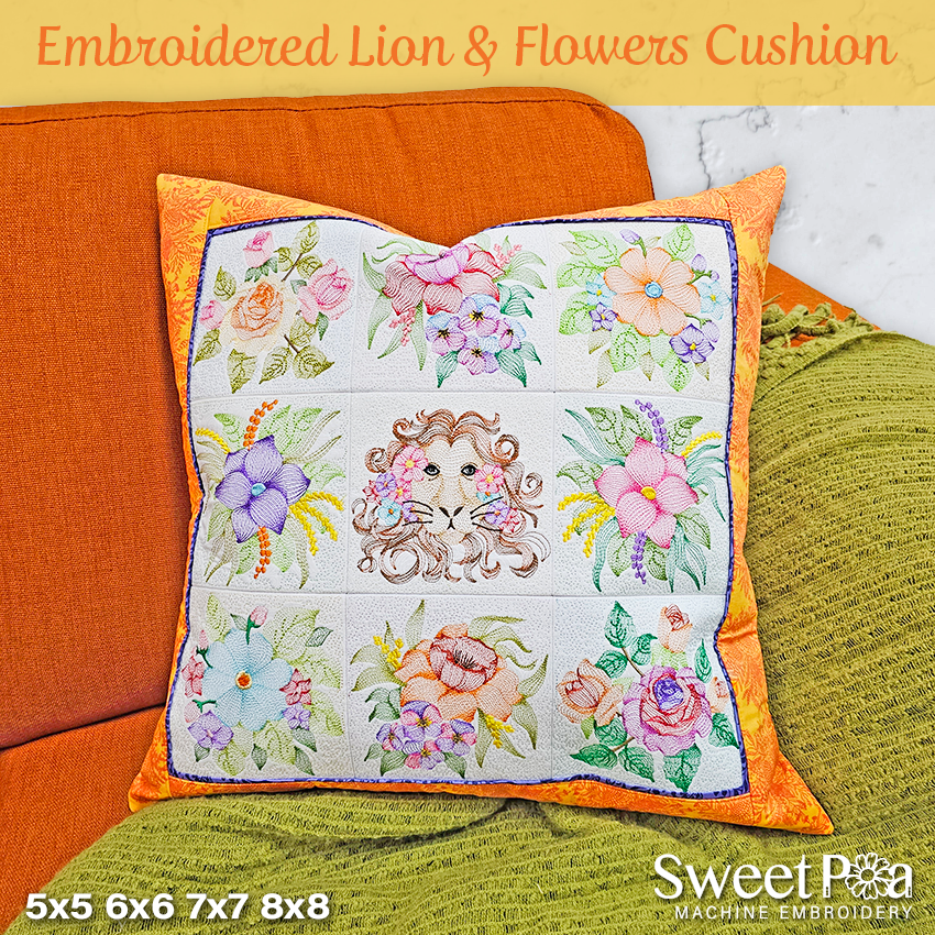 Embroidered Flowers and Lion Cushion Set 5x5 6x6 7x7 8x8