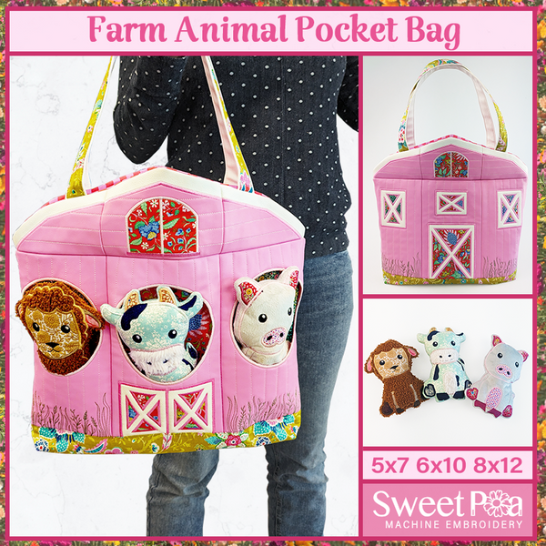 Farm Animal Pocket Bag 5x7 6x10 8x12 - Sweet Pea In The Hoop Machine Embroidery Design