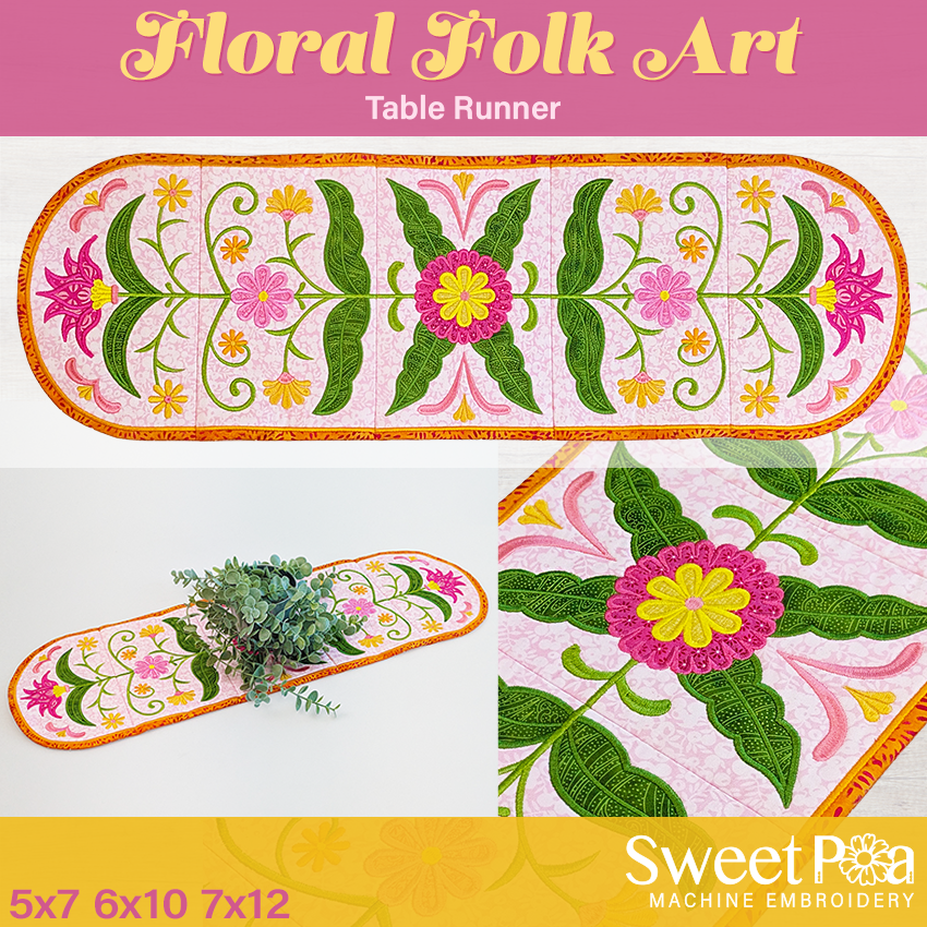 Floral Folk Art Table Runner Made in the Hoop