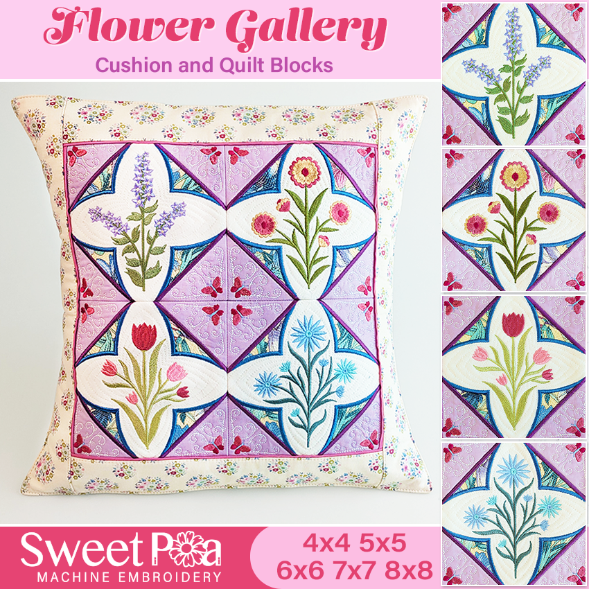 Flower Gallery Cushion and Quilt Blocks In the hoop machine embroidery designs
