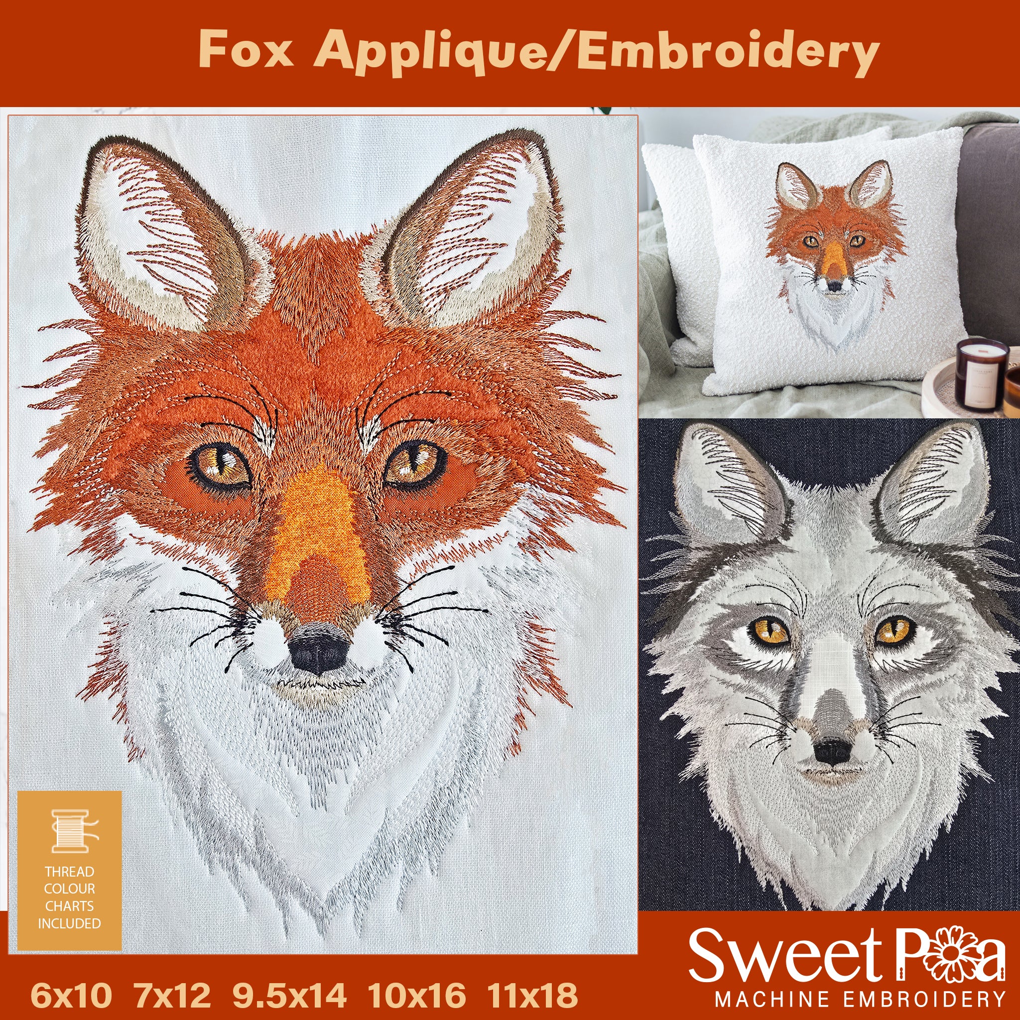 Fox Embroidery Applique In the hoop machine embroidery designs