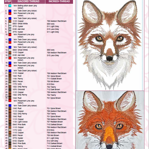 Fox Embroidery Applique Colour Charts