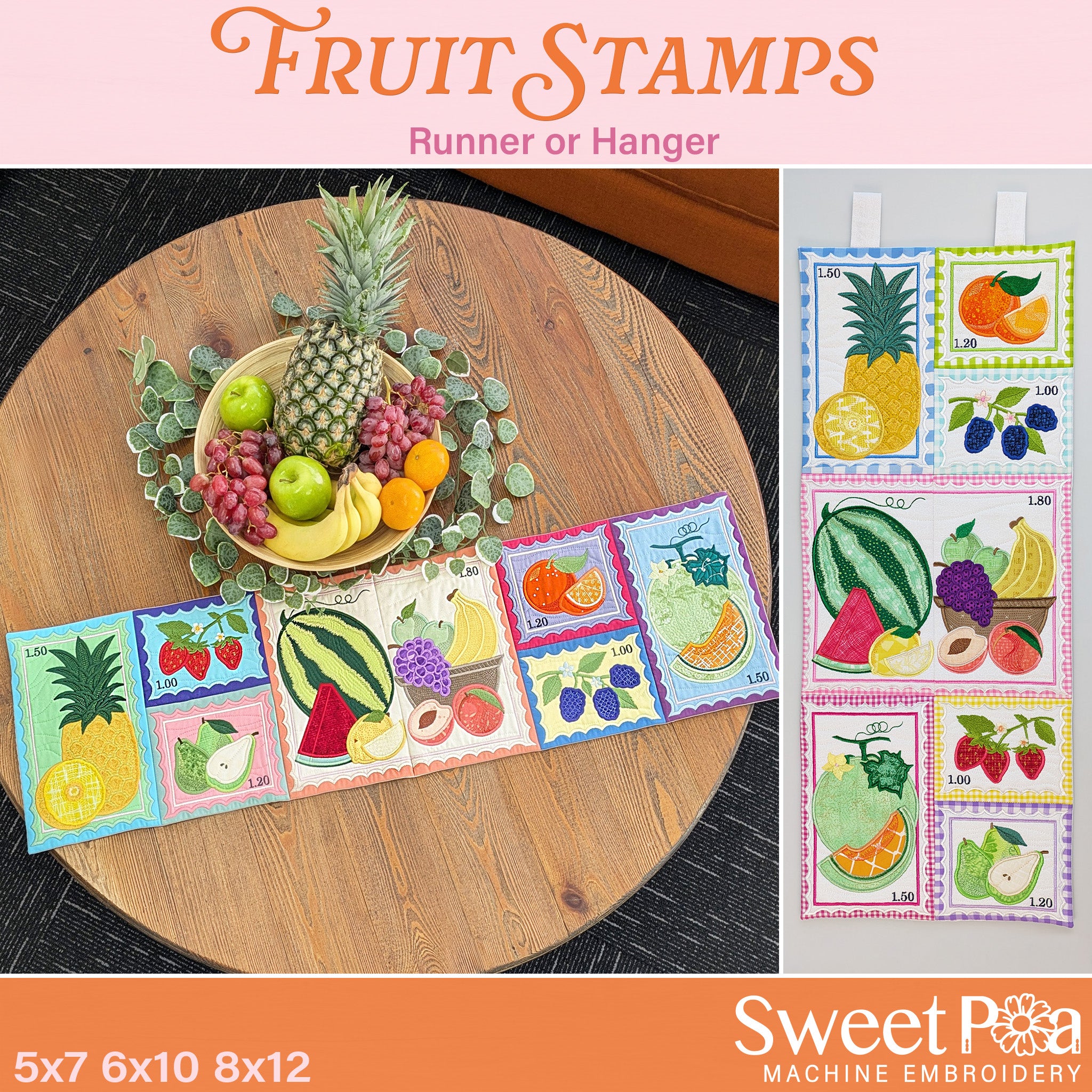 Fruit Stamps Runner or Hanger In the hoop machine embroidery designs