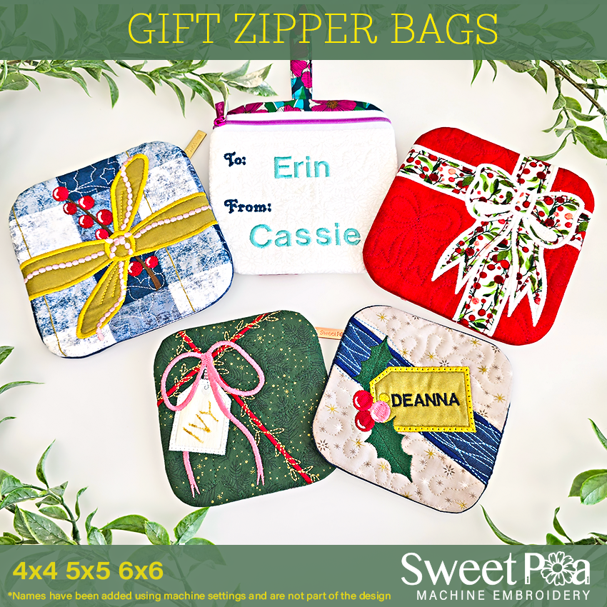 Gift zipper bags with personalized names on a white background, featuring Sweet Pea Machine Embroidery branding.
