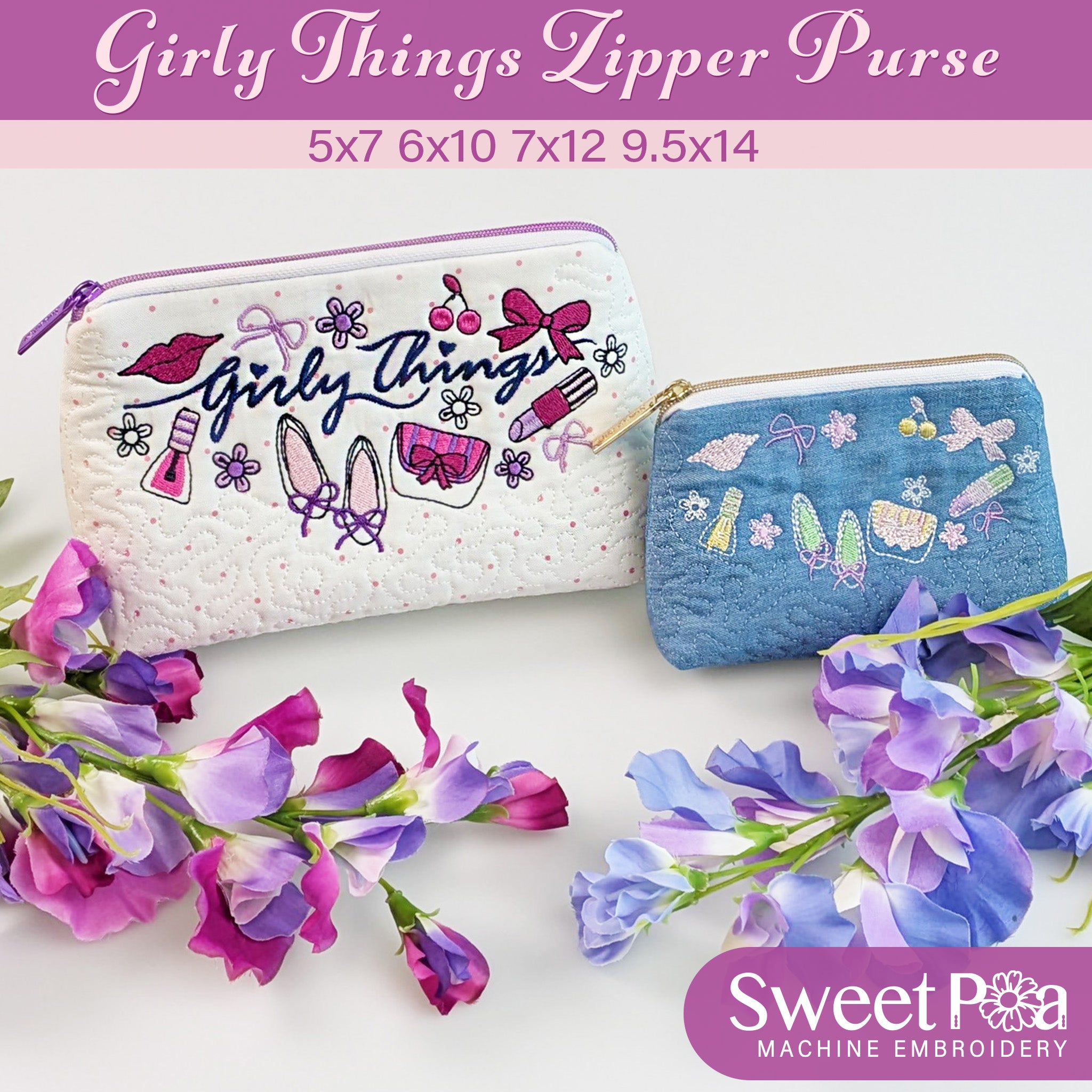 Girly Things Zipper Purse In the hoop machine embroidery designs