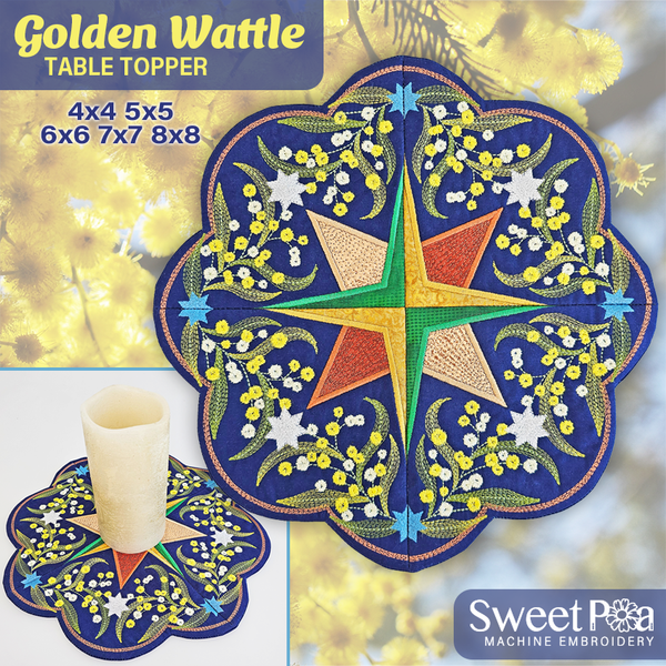 Golden Wattle Table Topper 4x4 5x5 6x6 7x7 8x8 - Sweet Pea In The Hoop Machine Embroidery Design