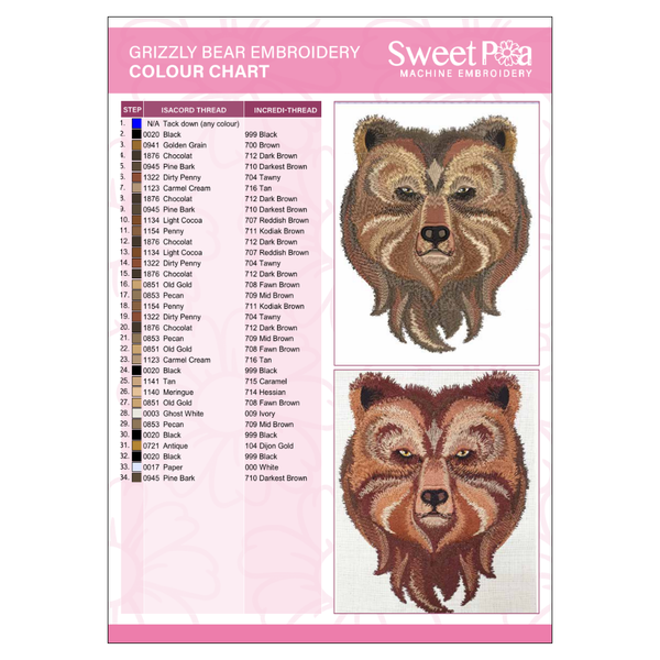Grizzly Bear Embroidery Colour Chart