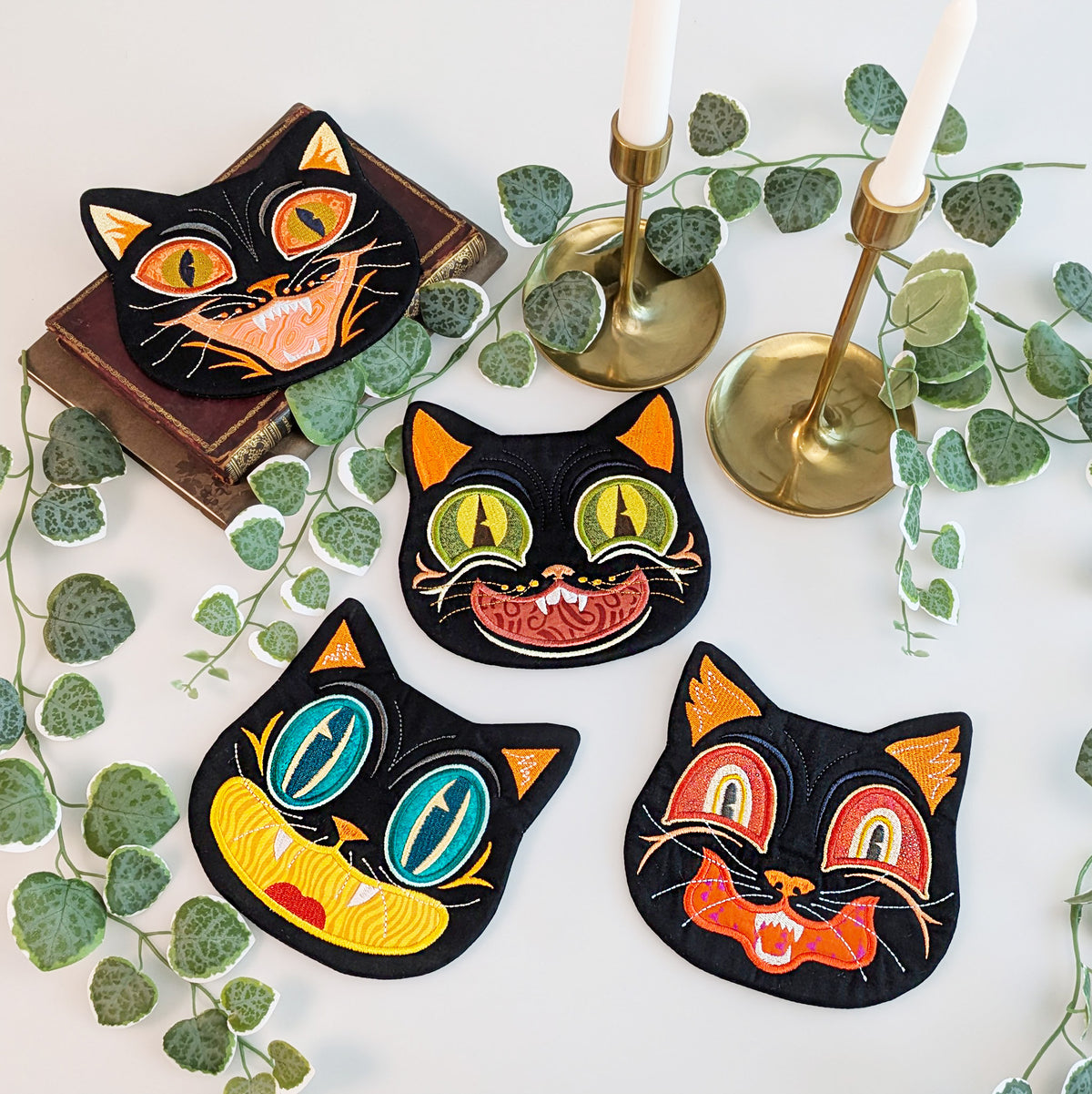 Halloween Cat Coasters In the hoop machine embroidery designs