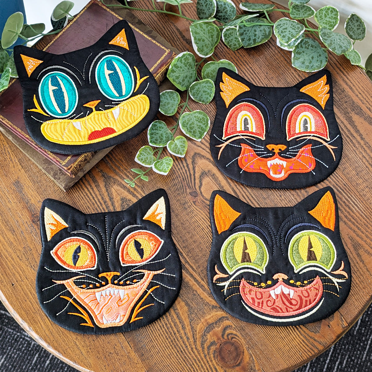 Halloween Cat Coasters In the hoop machine embroidery designs