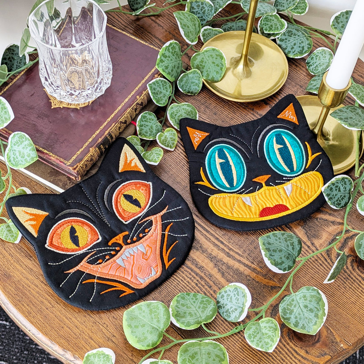 Halloween Cat Coasters In the hoop machine embroidery designs