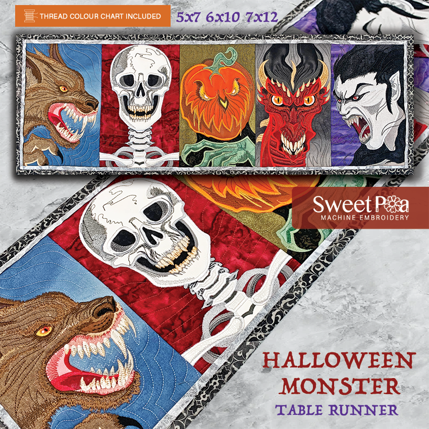 Halloween Monster Table Runner In the hoop machine embroidery designs